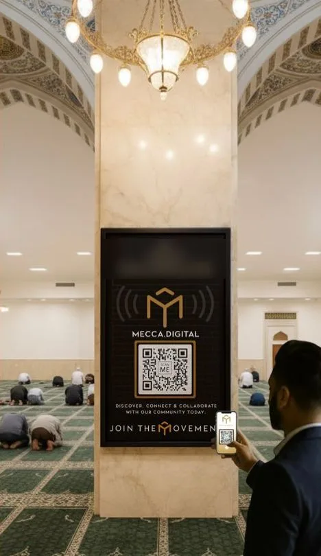 Concept: a community gate with a scan code mounted on a pillar inside a mosque, a man scanning it with his phone