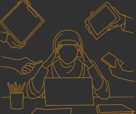 Line drawing: a community admin at a laptop, head in hands, while hands push phones, tablets and paperwork at them from every side