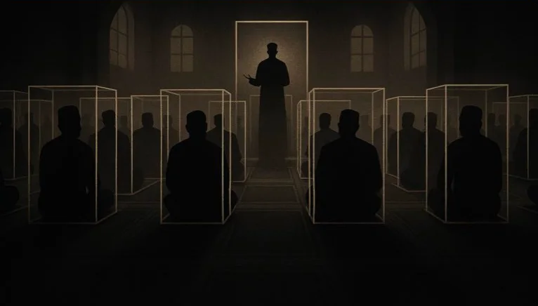 Illustration: worshippers sitting in rows in a dim prayer hall, each one sealed inside a glass box
