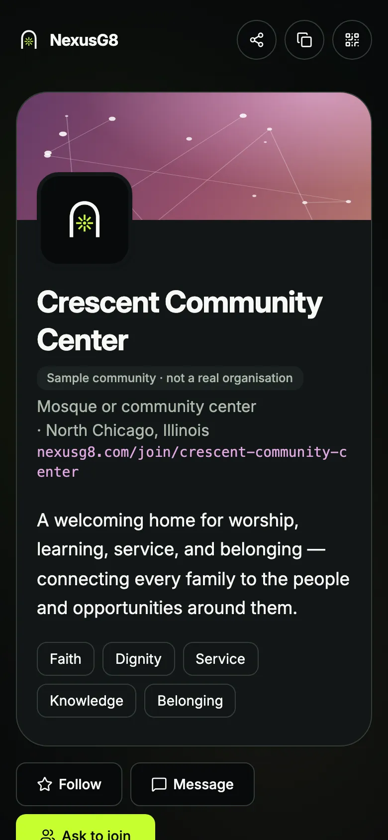 The real NexusG8 Community Gate of a sample mosque, with Follow, Message and Ask to join