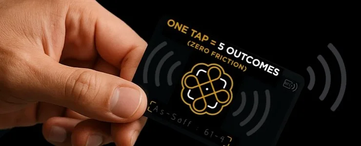 A hand holding a black NexusG8 card with the gold mark and a contactless symbol